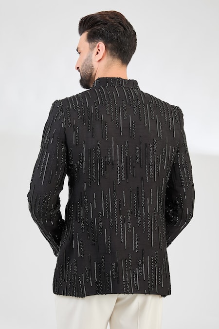 Shop_Kasbah_Black Silk Cut Work Astron Ray Embroidered Bandhgala _at_Aza_Fashions