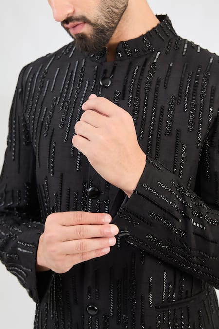 Kasbah_Black Silk Cut Work Astron Ray Embroidered Bandhgala _Online_at_Aza_Fashions