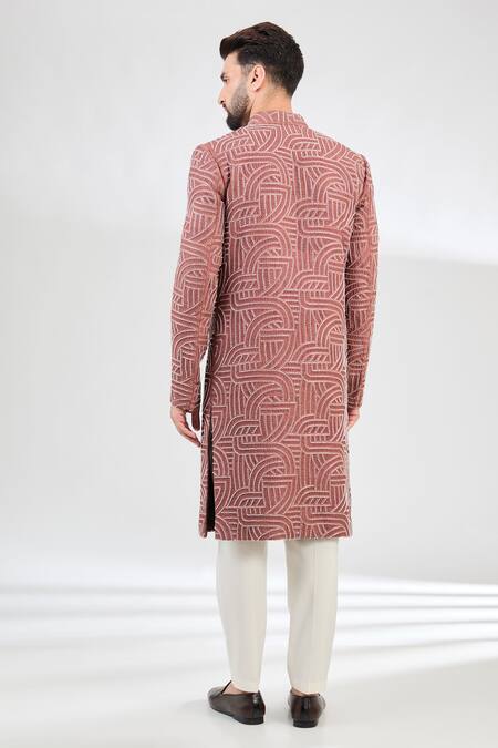 Shop_Kasbah_Pink Silk Cut Work Maze Swerve Embroidered Sherwani _at_Aza_Fashions