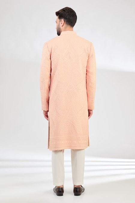 Shop_Kasbah_Peach Silk Embroidery Mughal Art Kashmiri Sherwani _at_Aza_Fashions