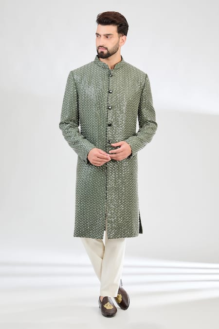 Kasbah Green Silk Embroidery Sequin And Cutdana Jaal Sherwani 