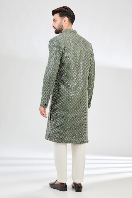 Shop_Kasbah_Green Silk Sequins, Cut Work And Cutdana Jaal Embroidered Sherwani _at_Aza_Fashions
