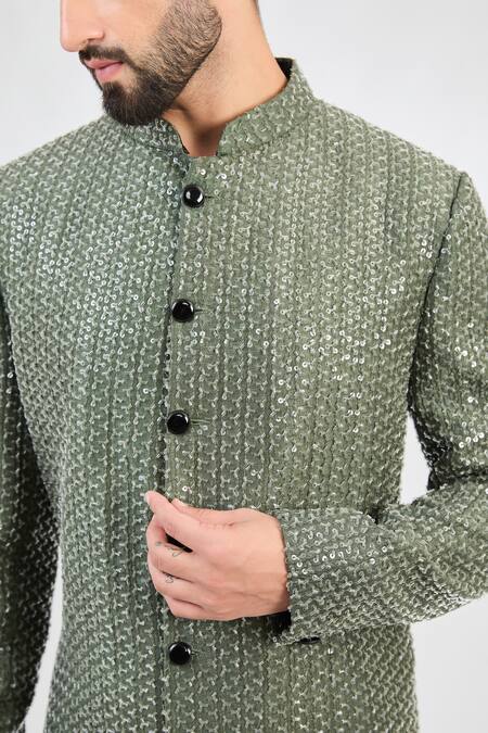 Kasbah_Green Silk Sequins, Cut Work And Cutdana Jaal Embroidered Sherwani _Online_at_Aza_Fashions