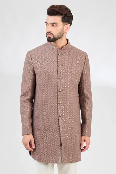 Kasbah_Brown Silk Embroidery Shamiyana Jaal Short Sherwani _Online_at_Aza_Fashions