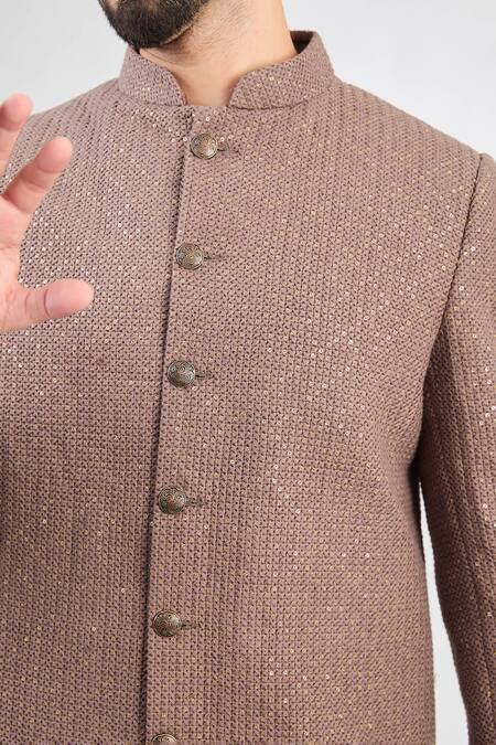Buy_Kasbah_Brown Silk Embroidery Shamiyana Jaal Short Sherwani _Online_at_Aza_Fashions