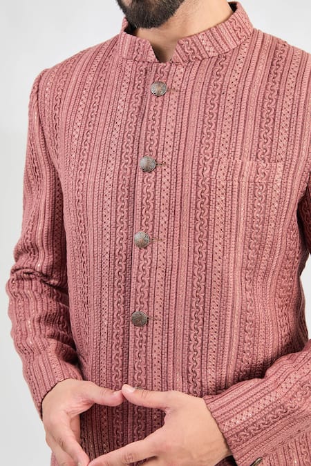 Kasbah_Pink Silk Sequins, Embroidery Ornate Vine Bandhgala _Online_at_Aza_Fashions