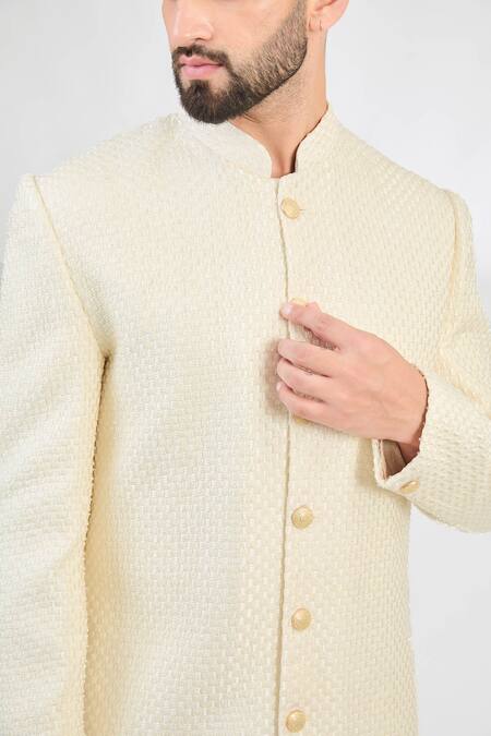 Kasbah_Ivory Silk Cut Work, Embroidery Basketweave Pattern Thread Sherwani _Online_at_Aza_Fashions