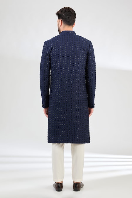 Shop Kasbah Blue Silk Embroidery, Cut Work Florin Cutdana And Thread Sherwani at Aza Fashions Shop_Kasbah_Blue Silk Embroidery, Cut Work Florin Cutdana And Thread Sherwani _at_Aza_Fashions