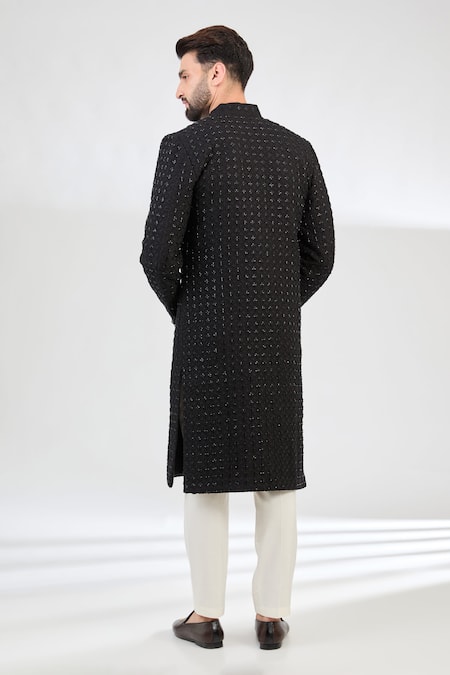 Shop_Kasbah_Black Silk Embroidery Florin Jaal Cutdana Sherwani _at_Aza_Fashions