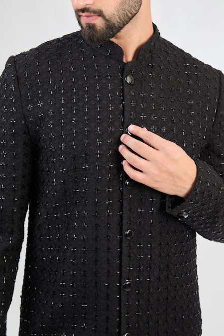 Kasbah_Black Silk Embroidery Florin Jaal Cutdana Sherwani _Online_at_Aza_Fashions