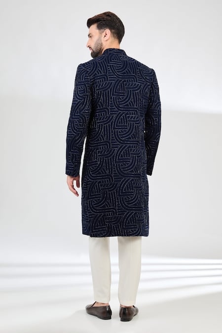 Shop_Kasbah_Blue Silk Embroidery Maze Swirl Sherwani _at_Aza_Fashions