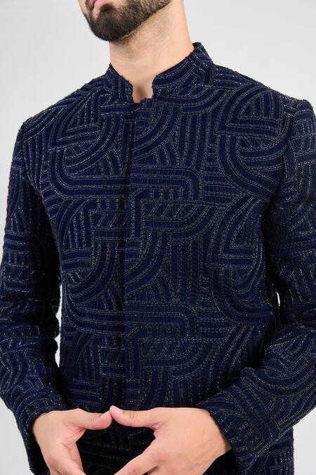 Kasbah_Blue Silk Embroidery Maze Swirl Sherwani _Online_at_Aza_Fashions