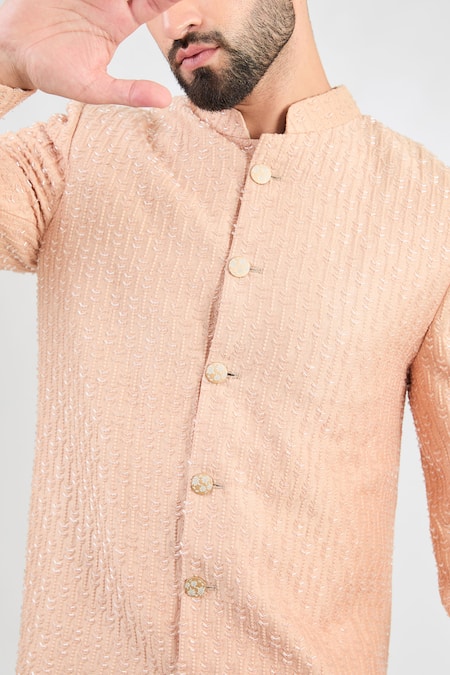 Kasbah_Peach Silk Cut Work, Embroidery Wild Vine Sherwani _Online_at_Aza_Fashions