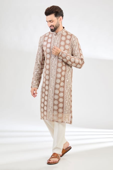 Kasbah Beige Georgette Embroidery Sequin Paisley Bloom Chikankari Kurta 