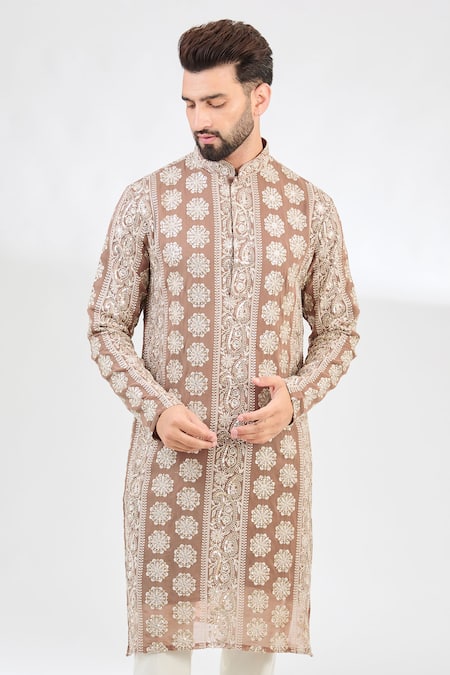 Kasbah_Beige Georgette Sequins Paisley Bloom Chikankari Embroidered Kurta _Online_at_Aza_Fashions