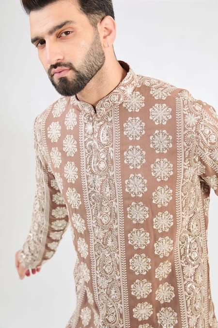 Buy_Kasbah_Beige Georgette Sequins Paisley Bloom Chikankari Embroidered Kurta _Online_at_Aza_Fashions