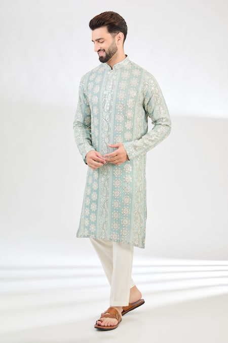 Kasbah Blue Georgette Embroidery Sequin Paisley Blossom Chikankari Kurta 