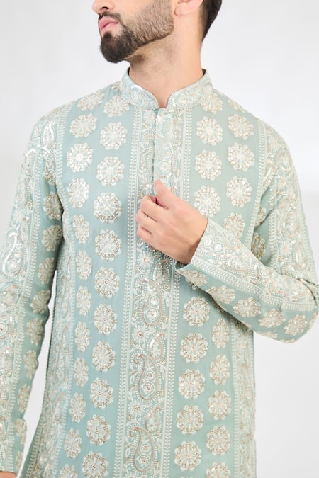 Buy_Kasbah_Blue Georgette Sequins, Chains Paisley Blossom Chikankari Embroidered Kurta _Online_at_Aza_Fashions