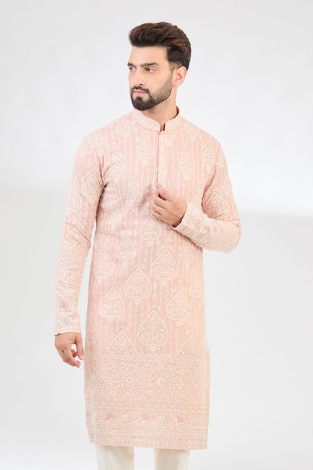 Kasbah_Pink Georgette Embroidery, Sequins Bahar Chikankari Kurta _Online_at_Aza_Fashions