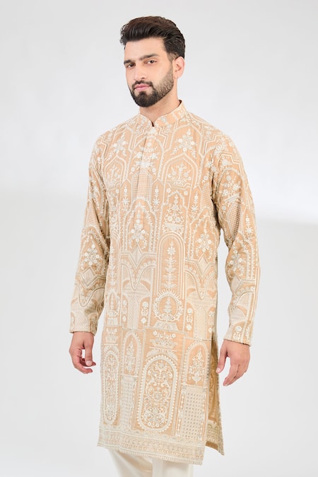 Kasbah_Beige Georgette Embroidery Gullista Chikankari Kurta _Online_at_Aza_Fashions