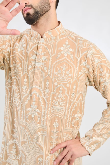 Buy_Kasbah_Beige Georgette Embroidery Gullista Chikankari Kurta _Online_at_Aza_Fashions