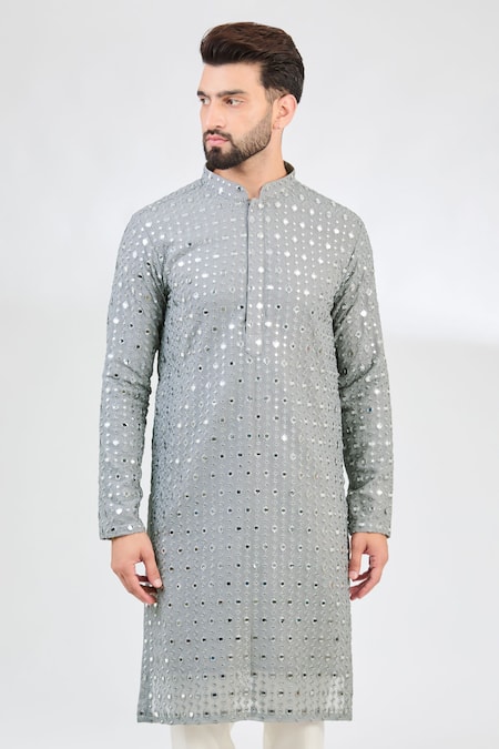 Kasbah_Grey Georgette Mirrors, Sequins, Embroidery Bahar Vine Kurta _Online_at_Aza_Fashions