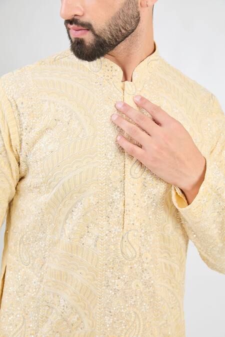 Buy_Kasbah_Yellow Georgette Sequins, Embroidery Paisley Garden Kurta _Online_at_Aza_Fashions