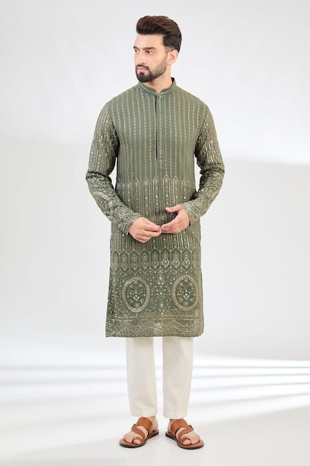 Kasbah Green Georgette Embroidery Thread Bahar Garden Chikankari Kurta 