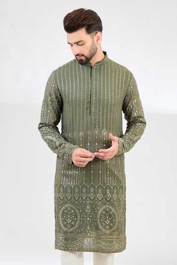 Kasbah_Green Georgette Embroidery, Sequins Bahar Garden Chikankari Kurta _Online_at_Aza_Fashions