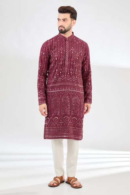 Kasbah Maroon Georgette Embroidery Thread Mughal Bagh Chikankari Kurta 