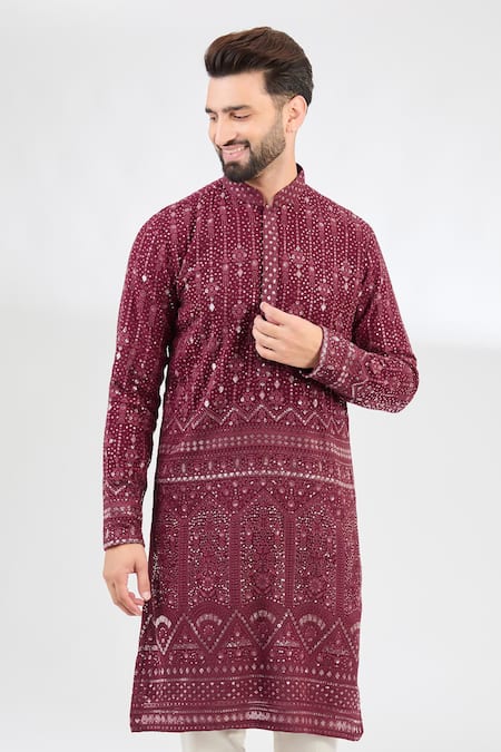 Kasbah Maroon Georgette Sequins, Foil Printing Mughal Bagh Embroidered Chikankari Kurta Online at Aza Fashions Kasbah_Maroon Georgette Sequins, Foil Printing Mughal Bagh Embroidered Chikankari Kurta _Online_at_Aza_Fashions