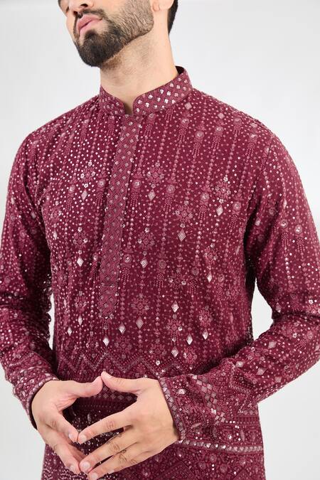 Buy Kasbah Maroon Georgette Sequins, Foil Printing Mughal Bagh Embroidered Chikankari Kurta Online at Aza Fashions Buy_Kasbah_Maroon Georgette Sequins, Foil Printing Mughal Bagh Embroidered Chikankari Kurta _Online_at_Aza_Fashions