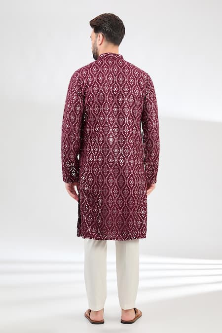 Shop Kasbah Maroon Silk Mirrors Work Classic Kurta at Aza Fashions Shop_Kasbah_Maroon Silk Mirrors Work Classic Kurta _at_Aza_Fashions