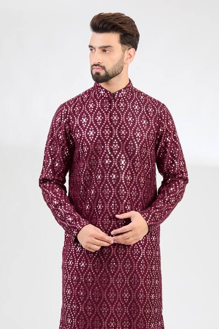 Kasbah Maroon Silk Mirrors Work Classic Kurta Online at Aza Fashions Kasbah_Maroon Silk Mirrors Work Classic Kurta _Online_at_Aza_Fashions