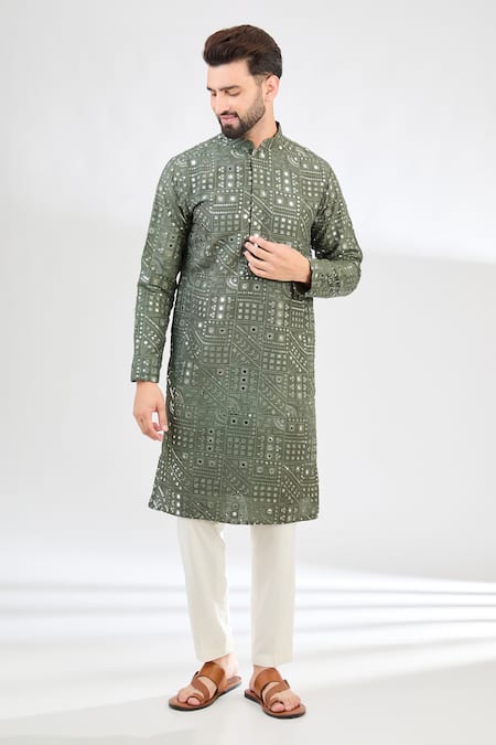 Kasbah Green Silk Embroidered Mirror Geometric Work Kurta 