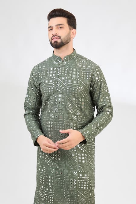 Kasbah_Green Silk Mirrors Geometric Work Kurta _Online_at_Aza_Fashions