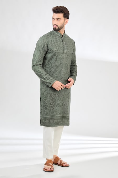 Kasbah Green Silk Embroidered Thread Chikankari Kurta 