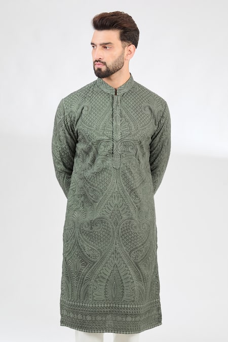 Kasbah_Green Silk Embroidery Chikankari Kurta _Online_at_Aza_Fashions