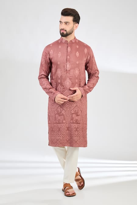 Kasbah Pink Silk Embroidered Thread Horse Motif Kurta 