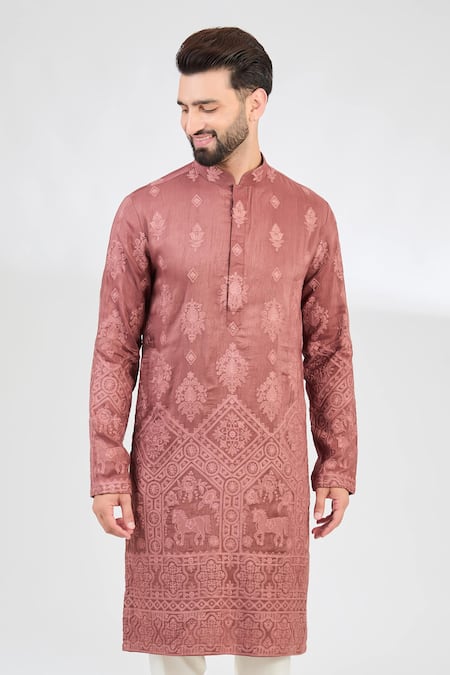Kasbah_Pink Silk Embroidery Horse Motif Kurta _Online_at_Aza_Fashions
