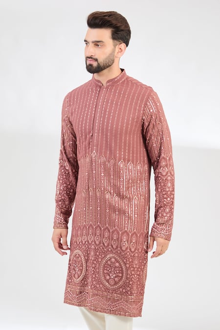 Kasbah_Pink Silk Sequins, Mirrors Embroidered Classic Kurta _Online_at_Aza_Fashions