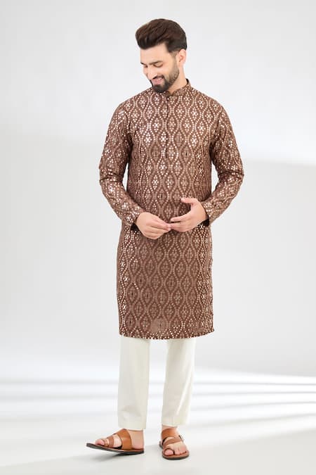 Kasbah Brown Silk Embroidered Mirror Classic Kurta 