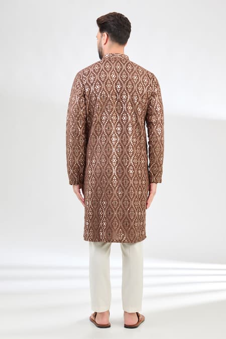 Shop Kasbah Brown Silk Mirrors Embroidered Classic Kurta at Aza Fashions Shop_Kasbah_Brown Silk Mirrors Embroidered Classic Kurta _at_Aza_Fashions