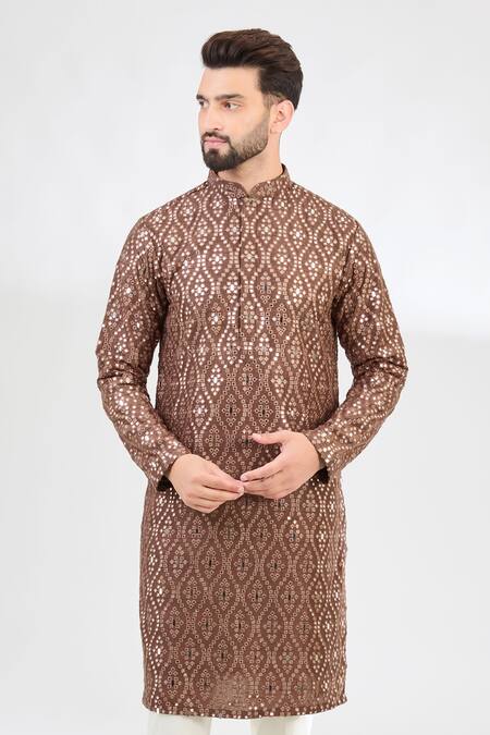 Kasbah Brown Silk Mirrors Embroidered Classic Kurta Online at Aza Fashions Kasbah_Brown Silk Mirrors Embroidered Classic Kurta _Online_at_Aza_Fashions