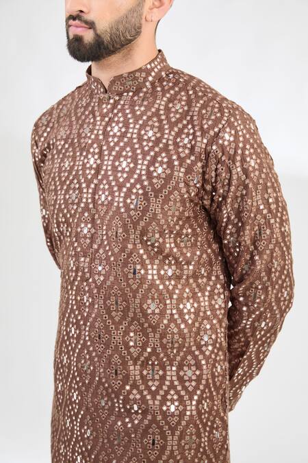 Buy Kasbah Brown Silk Mirrors Embroidered Classic Kurta Online at Aza Fashions Buy_Kasbah_Brown Silk Mirrors Embroidered Classic Kurta _Online_at_Aza_Fashions