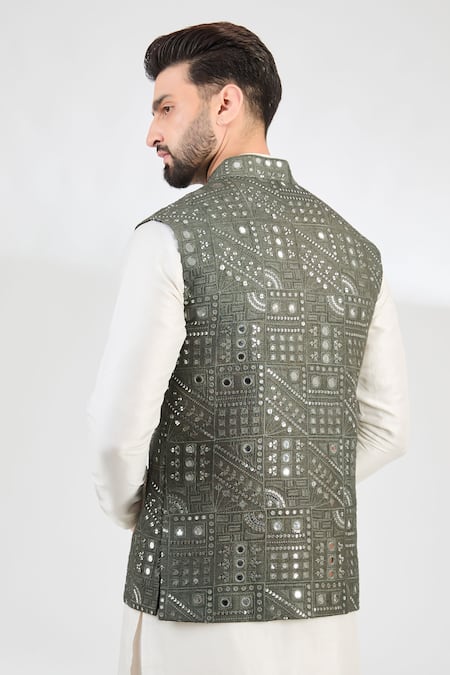 Shop_Kasbah_Green Silk Mirrors Military Abstract Work Nehru Jacket _at_Aza_Fashions
