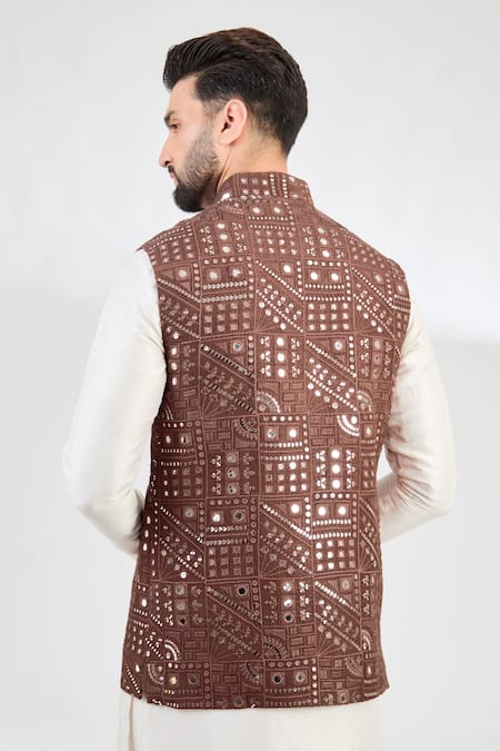 Shop_Kasbah_Brown Silk Mirrors Work Nehru Jacket _at_Aza_Fashions