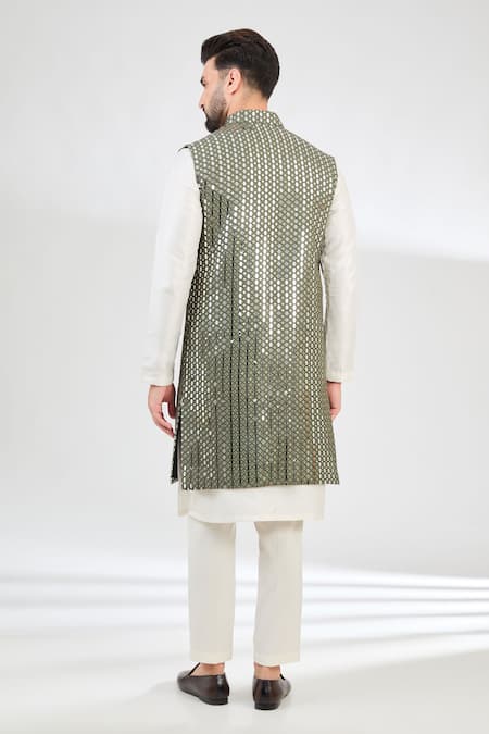 Shop_Kasbah_Green Silk Mirrors Work Embroidered Long Jacket _at_Aza_Fashions