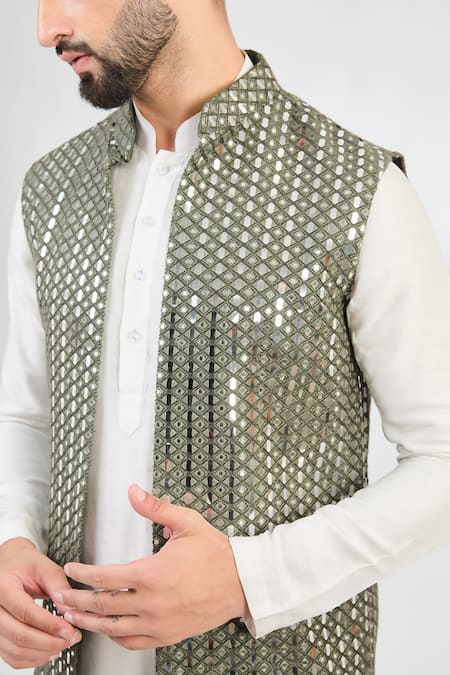 Kasbah_Green Silk Mirrors Work Embroidered Long Jacket _Online_at_Aza_Fashions
