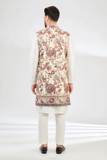 Shop_Kasbah_Cream Silk Sequins, Embroidery Floral Long Jacket _at_Aza_Fashions